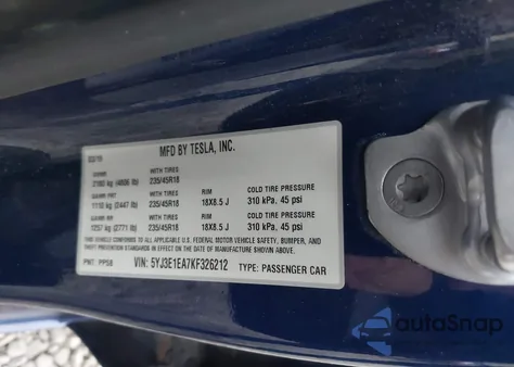 2019 Tesla Model 3 Long Range/Mid Range/Standard Range/Standard Range Plus из США, поврежденный, VIN 5YJ3E1EA7KF326212